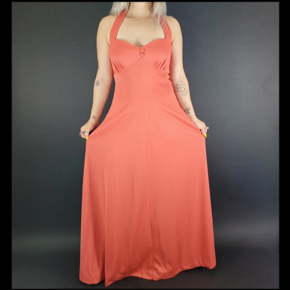 burnt orange halter dress